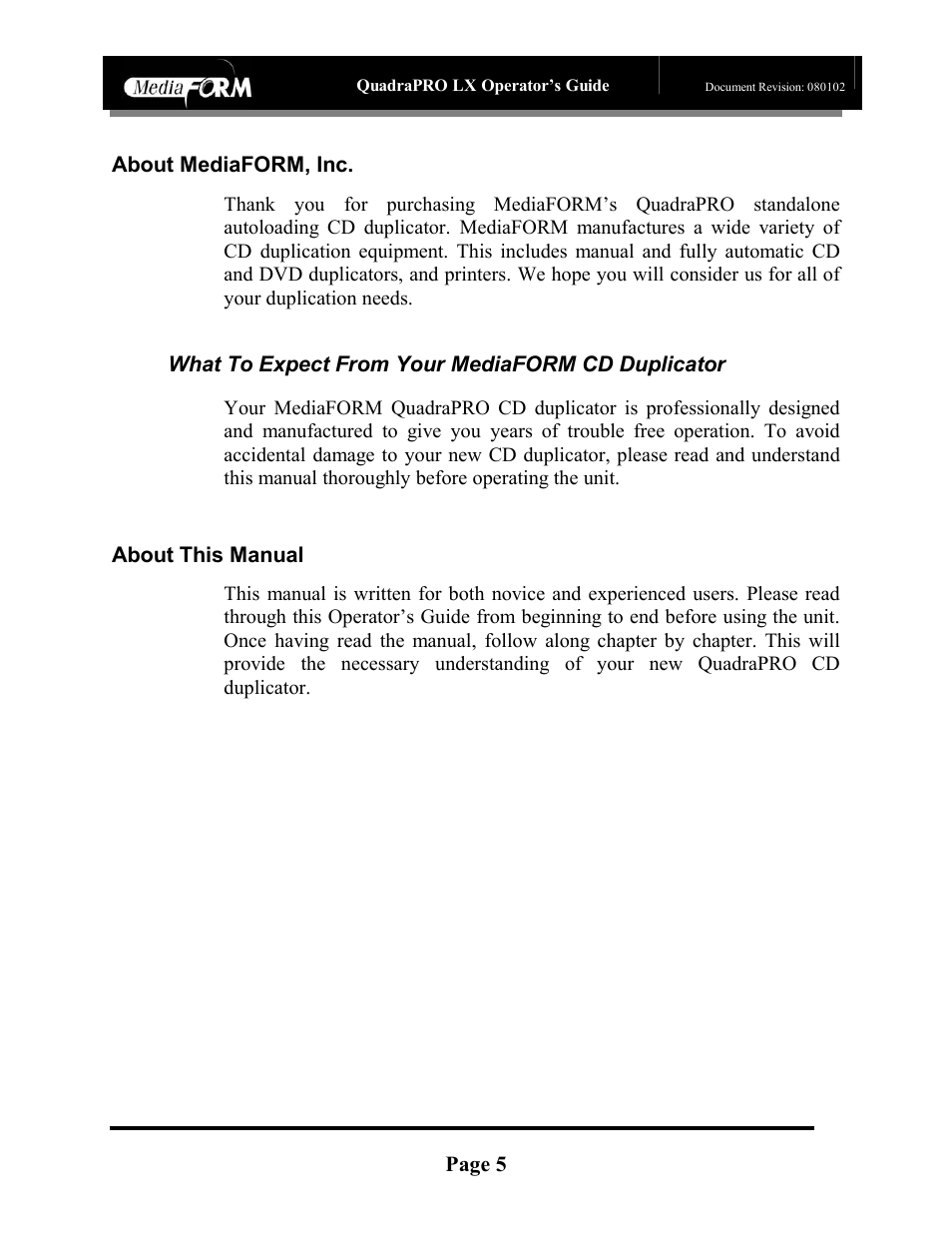 Page 5, About mediaform, inc, What to expect from your mediaform cd duplicator | About this manual | MF Digital CD-QuadraPRO (Rev: 08/01/02) User Manual | Page 6 / 55