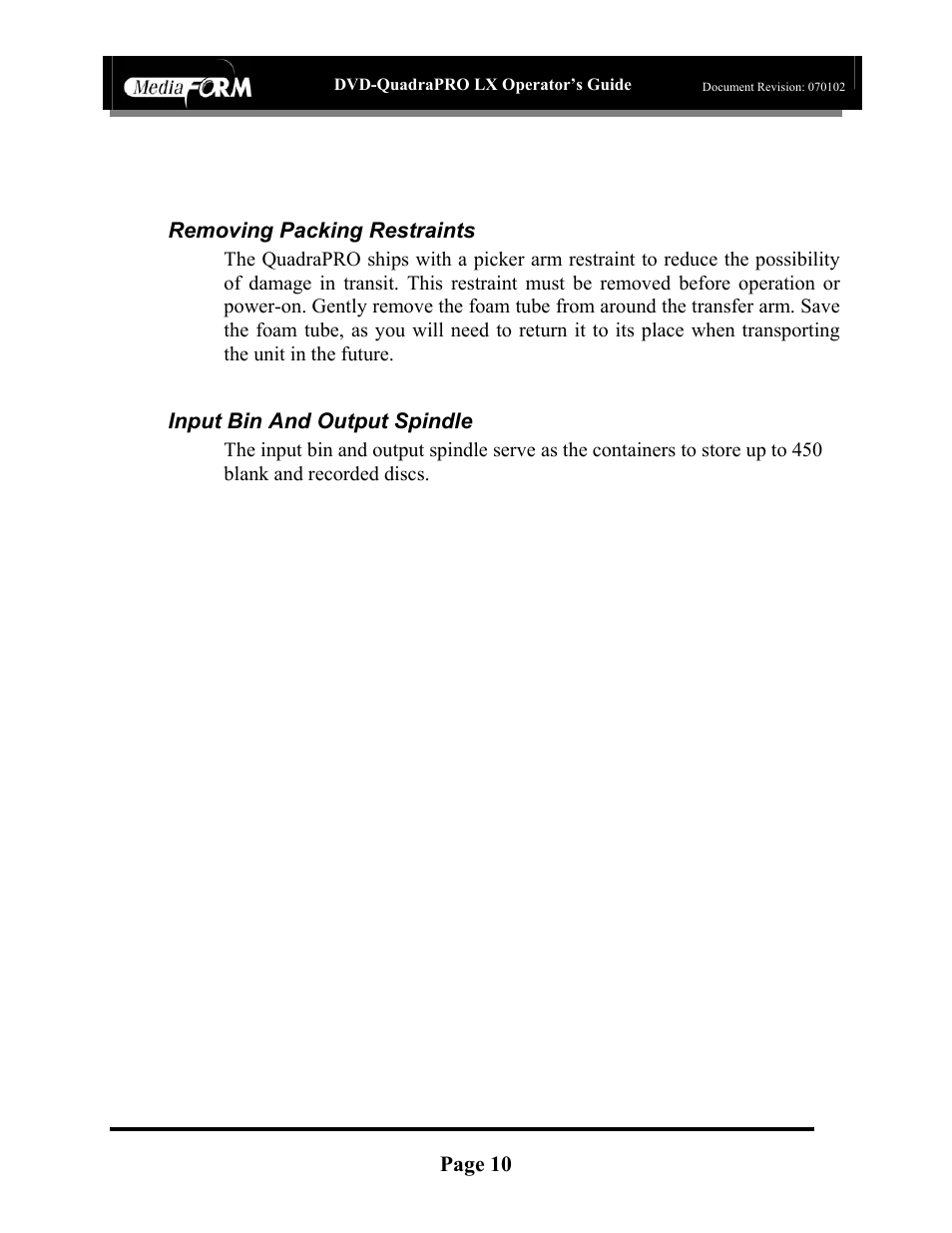 Page 10, Removing packing restraints, Input bin and output spindle | MF Digital DVD-QuadraPRO (Rev: 08/01/02) User Manual | Page 11 / 56