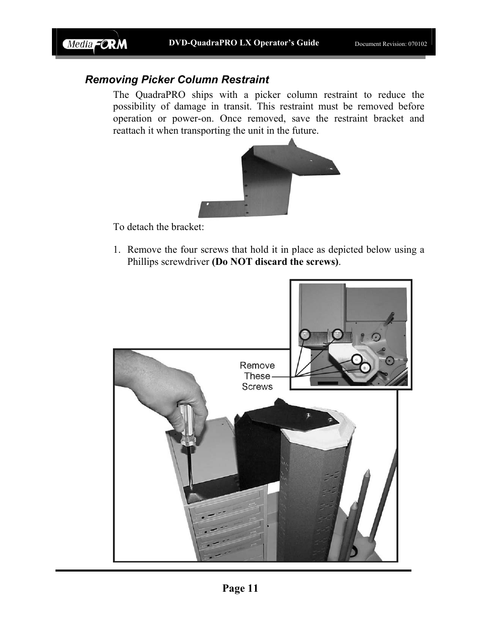 Page 11, Removing picker column restraint | MF Digital DVD-QuadraPRO (Rev: 08/01/02) User Manual | Page 12 / 56
