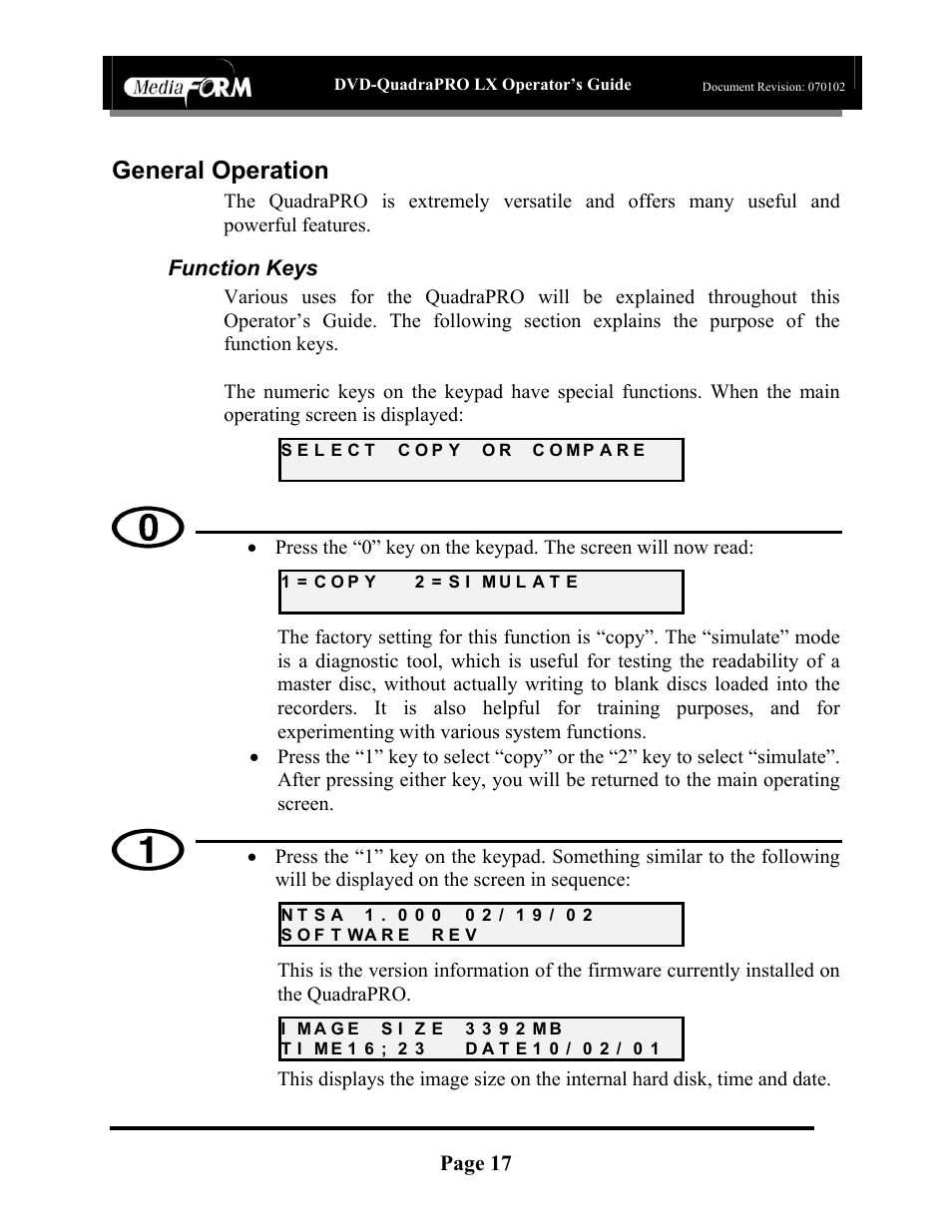 General operation, Page 17, Function keys | MF Digital DVD-QuadraPRO (Rev: 08/01/02) User Manual | Page 18 / 56