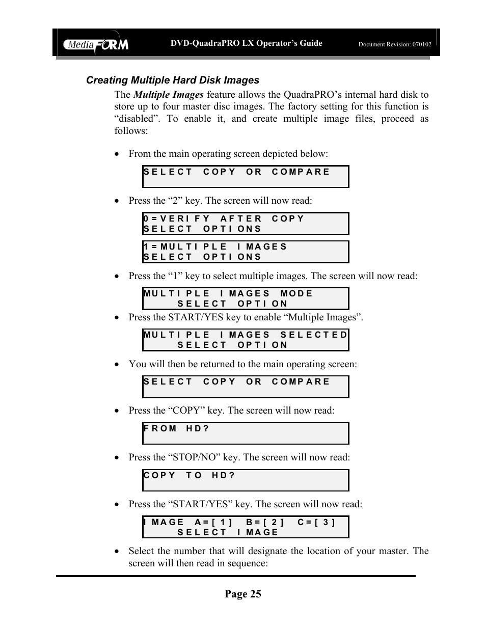 Page 25, Press the “2” key. the screen will now read, Press the start/yes key to enable “multiple images | Press the “copy” key. the screen will now read, Press the “stop/no” key. the screen will now read | MF Digital DVD-QuadraPRO (Rev: 08/01/02) User Manual | Page 26 / 56