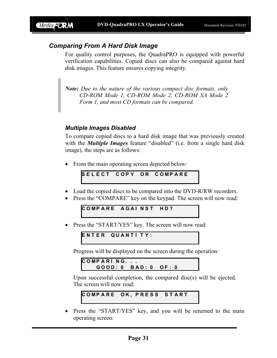 Page 31, Comparing from a hard disk image | MF Digital DVD-QuadraPRO (Rev: 08/01/02) User Manual | Page 32 / 56