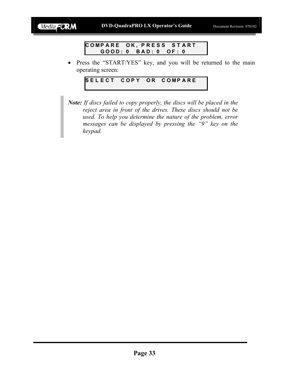 Page 33, Cd-3706/p operator’s guide, Dvd-quadrapro lx operator’s guide | MF Digital DVD-QuadraPRO (Rev: 08/01/02) User Manual | Page 34 / 56