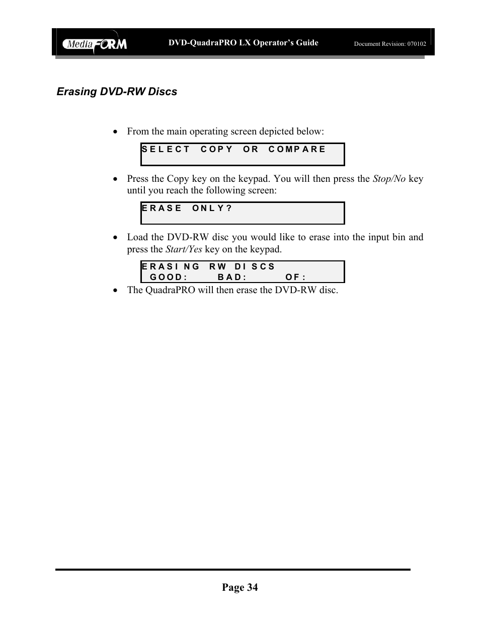 Page 34, Erasing dvd-rw discs, The quadrapro will then erase the dvd-rw disc | MF Digital DVD-QuadraPRO (Rev: 08/01/02) User Manual | Page 35 / 56