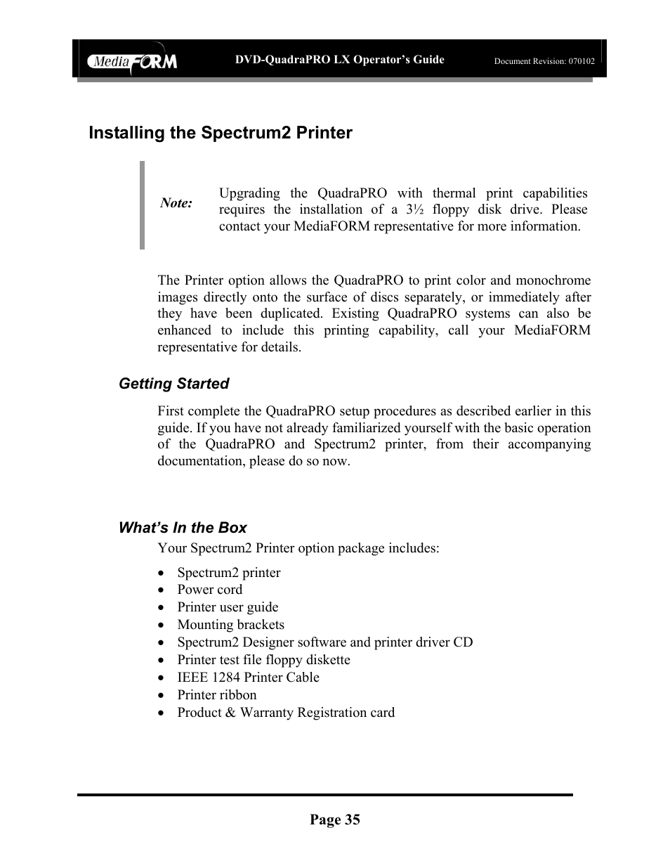 Installing the spectrum2 printer, Page 35, Getting started | What’s in the box | MF Digital DVD-QuadraPRO (Rev: 08/01/02) User Manual | Page 36 / 56