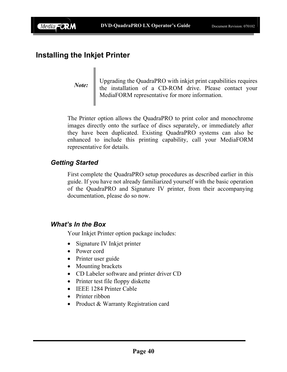 Installing the inkjet printer, Page 40, Getting started | What’s in the box | MF Digital DVD-QuadraPRO (Rev: 08/01/02) User Manual | Page 41 / 56