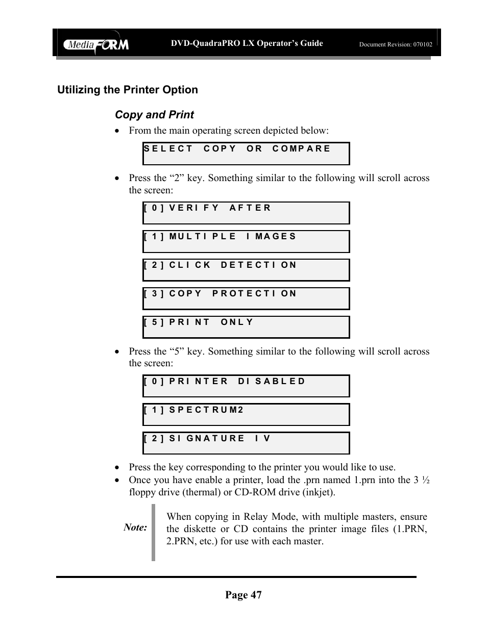 Page 47, Utilizing the printer option copy and print | MF Digital DVD-QuadraPRO (Rev: 08/01/02) User Manual | Page 48 / 56