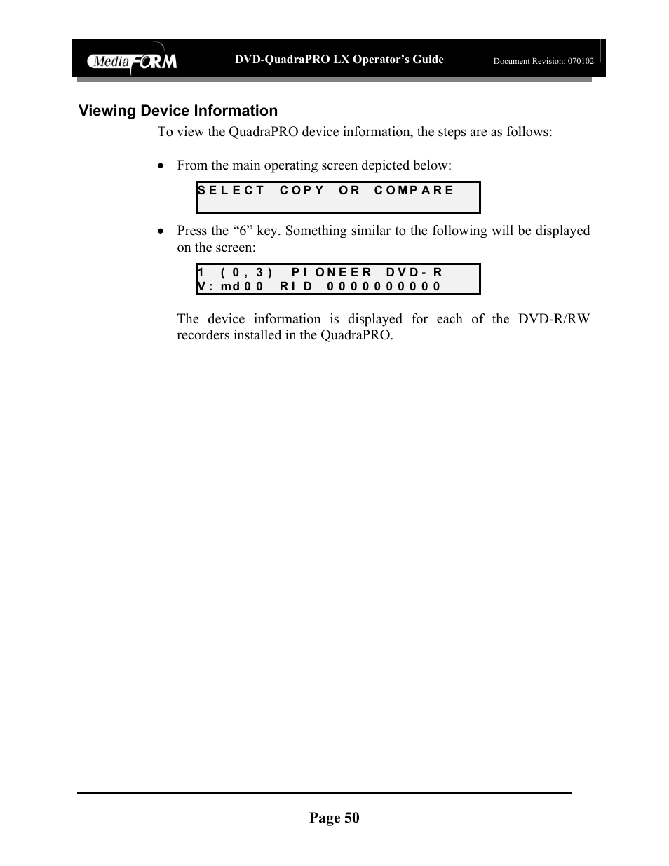 Page 50, Viewing device information | MF Digital DVD-QuadraPRO (Rev: 08/01/02) User Manual | Page 51 / 56