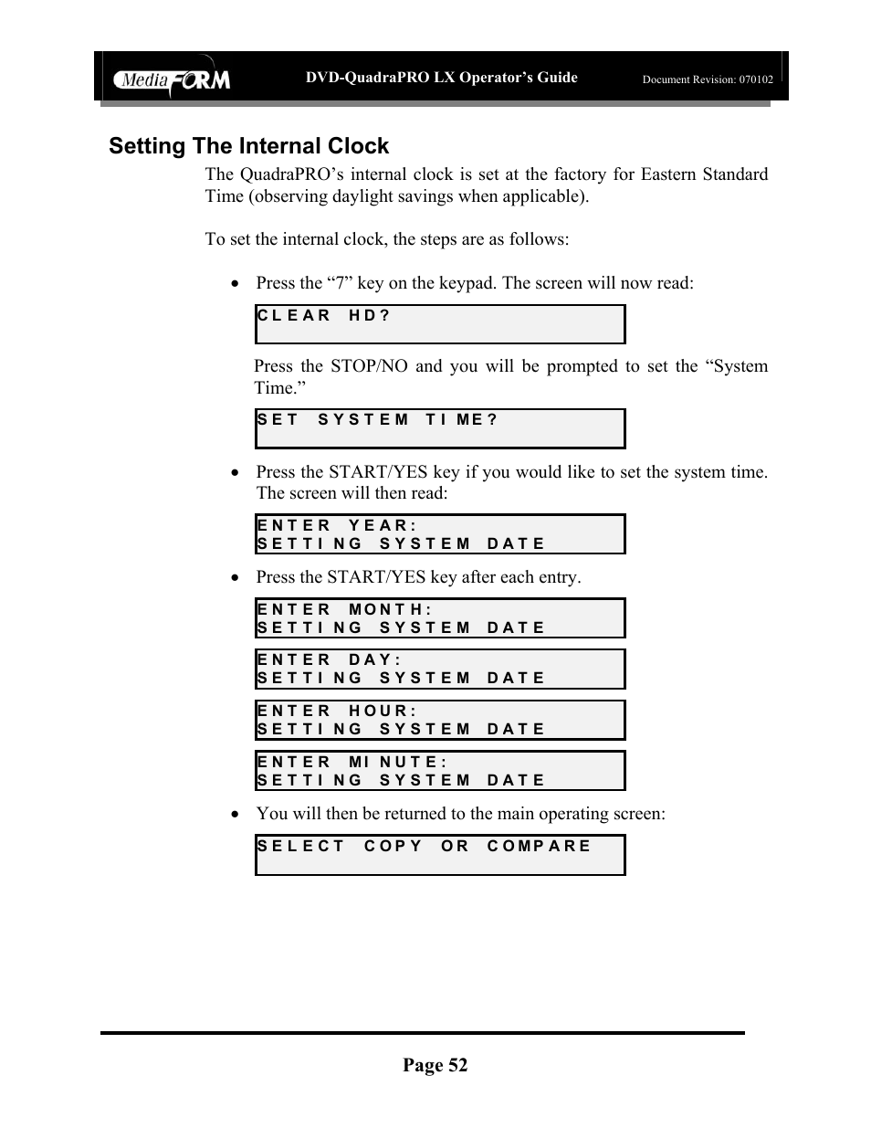 Setting the internal clock, Page 52, Press the start/yes key after each entry | MF Digital DVD-QuadraPRO (Rev: 08/01/02) User Manual | Page 53 / 56