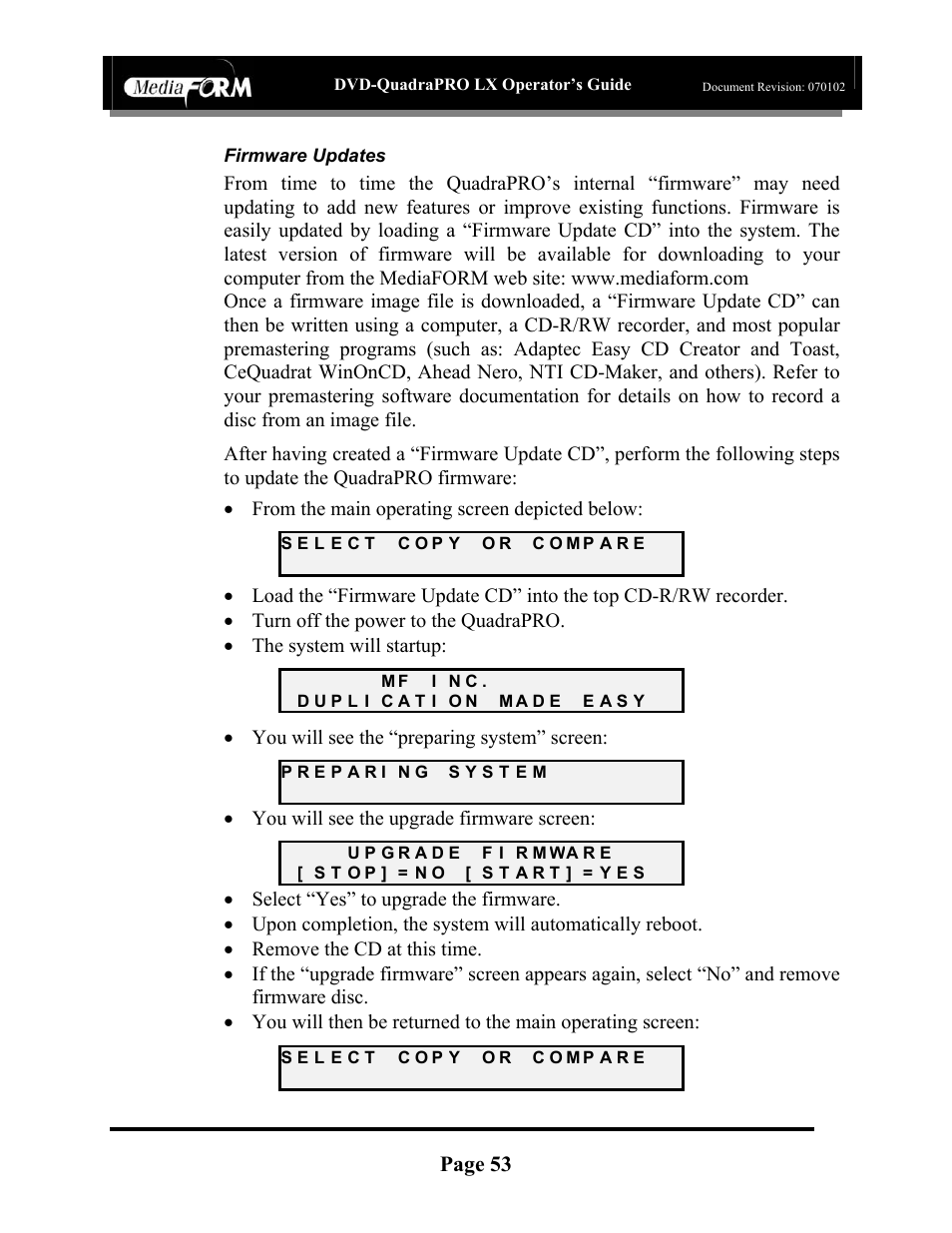 Page 53, You will see the “preparing system” screen, You will see the upgrade firmware screen | Firmware updates | MF Digital DVD-QuadraPRO (Rev: 08/01/02) User Manual | Page 54 / 56