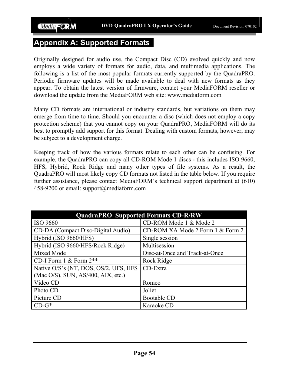 Appendix a: supported formats, Page 54, Quadrapro supported formats cd-r/rw | MF Digital DVD-QuadraPRO (Rev: 08/01/02) User Manual | Page 55 / 56