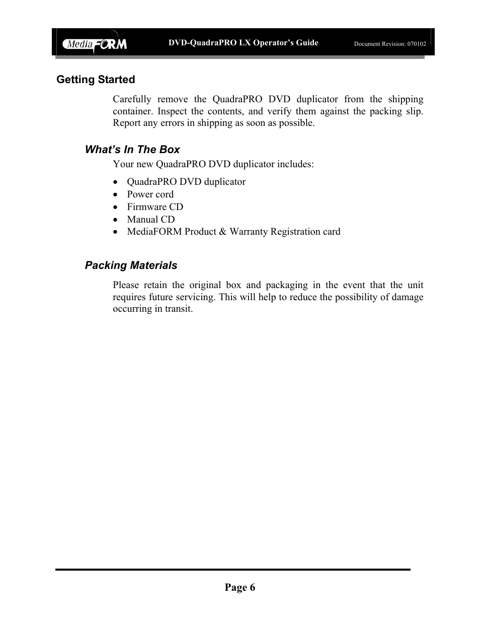 Page 6, Getting started, What’s in the box | Packing materials | MF Digital DVD-QuadraPRO (Rev: 08/01/02) User Manual | Page 7 / 56