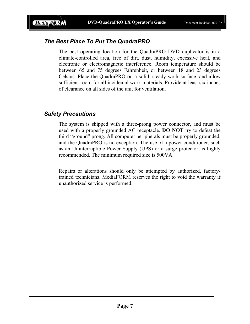 Page 7, The best place to put the quadrapro, Safety precautions | MF Digital DVD-QuadraPRO (Rev: 08/01/02) User Manual | Page 8 / 56