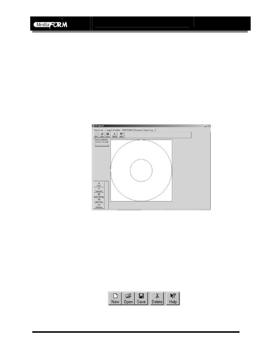 Creating disc labels, Page 48, Label designer menu bar | MF Digital DIRECTOR CD/DVD Combo Series (Rev: 08/01/02) User Manual | Page 49 / 104