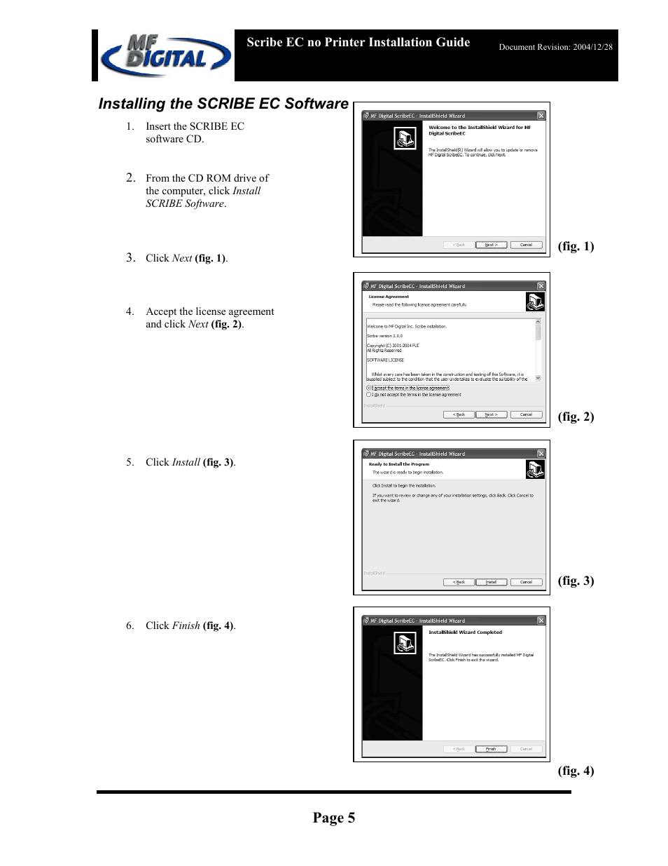 Page 5, Installing the scribe ec software | MF Digital ScribeEC with NO PRINTER User Manual | Page 5 / 9