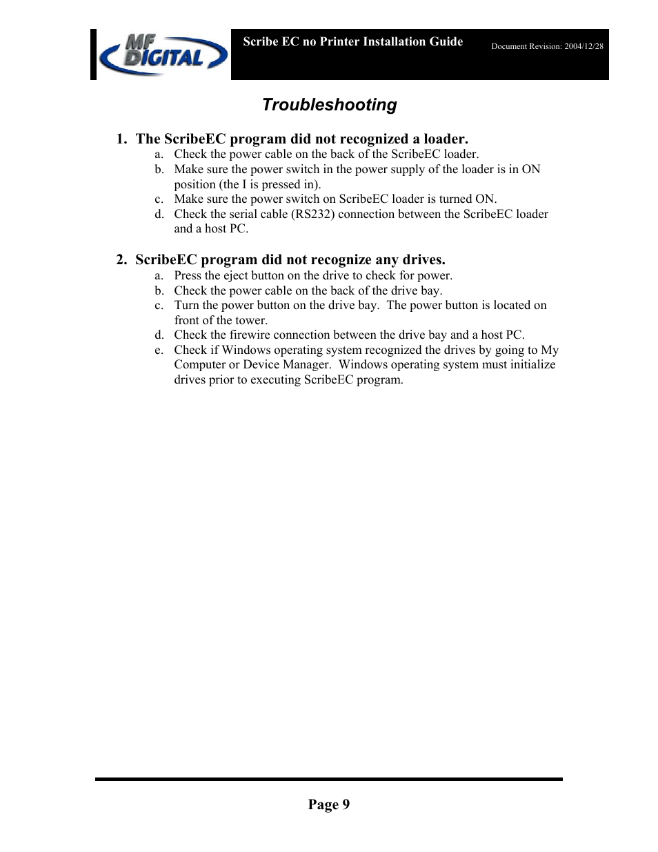 Troubleshooting, Page 9, The scribeec program did not recognized a loader | Scribeec program did not recognize any drives | MF Digital ScribeEC with NO PRINTER User Manual | Page 9 / 9