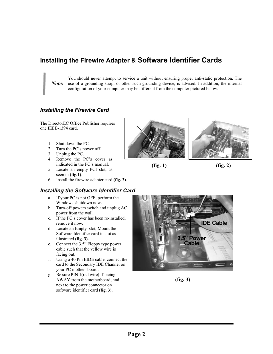 Installing the firewire card, Installing the software identifier card, Software identifier cards | Installing the firewire adapter, Page 2 | MF Digital DIRECTOR EC OFFICE PUBLISHER WITH Spectrum2 PRINTER User Manual | Page 2 / 14
