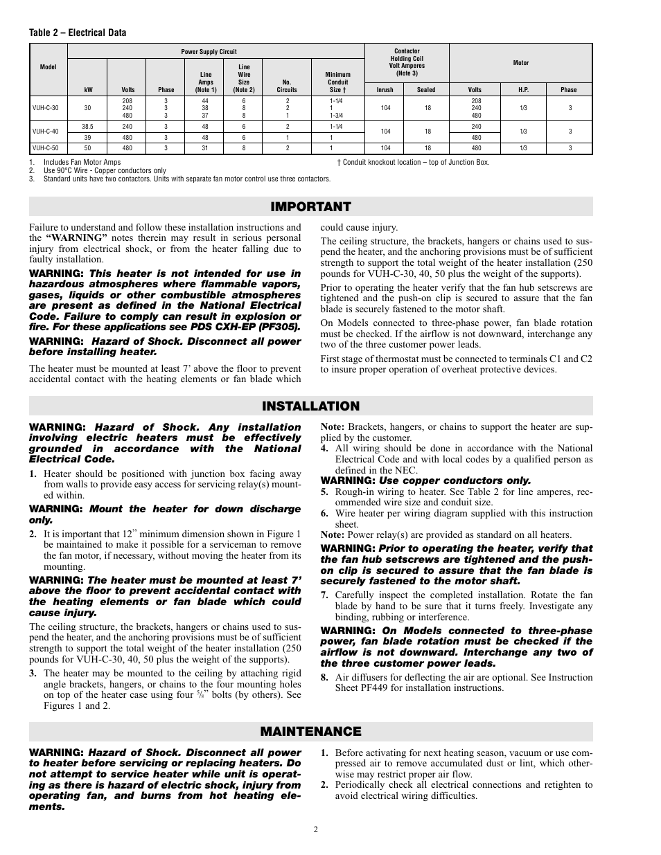 Important, Installation, Maintenance | Chromalox PF452-4 User Manual | Page 2 / 6