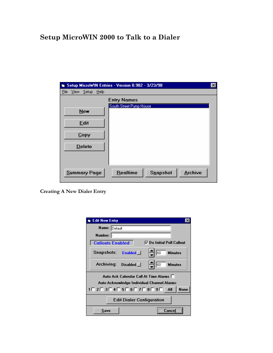 Setup microwin 2000 to talk to a dialer, Setting up dialer entries | Microtel MicroWin 2000 User Manual | Page 14 / 110