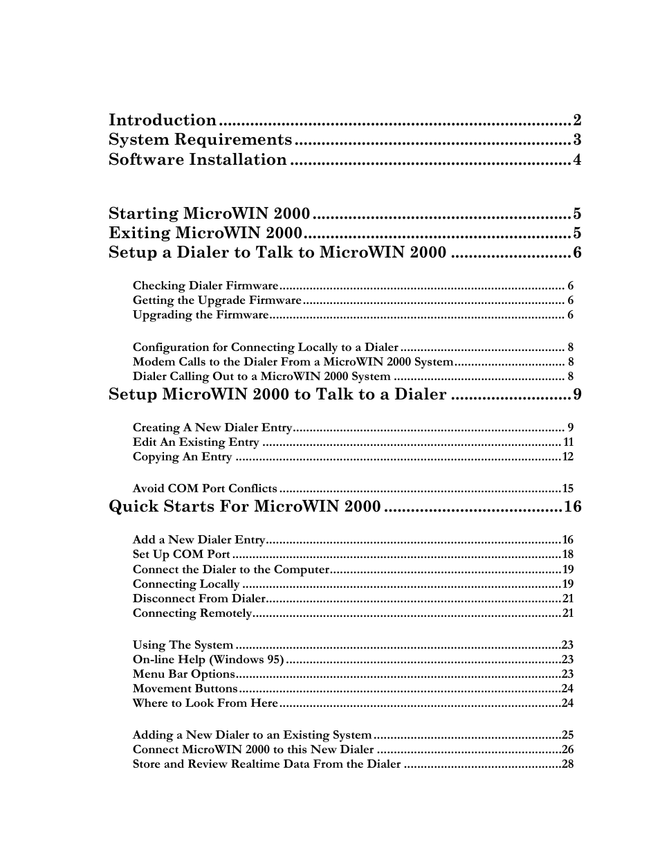 Introduction, System requirements, Software installation | Starting microwin 2000, Exiting microwin 2000, Setup a dialer to talk to microwin 2000, Setup microwin 2000 to talk to a dialer, Quick starts for microwin 2000 | Microtel MicroWin 2000 User Manual | Page 5 / 110