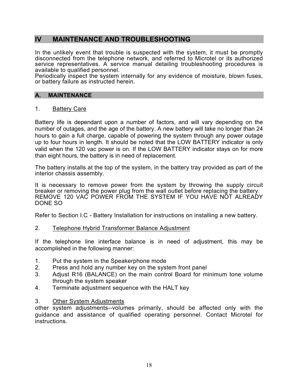 Ivmaintenance and troubleshooting | Microtel Series 100 User Manual | Page 22 / 28