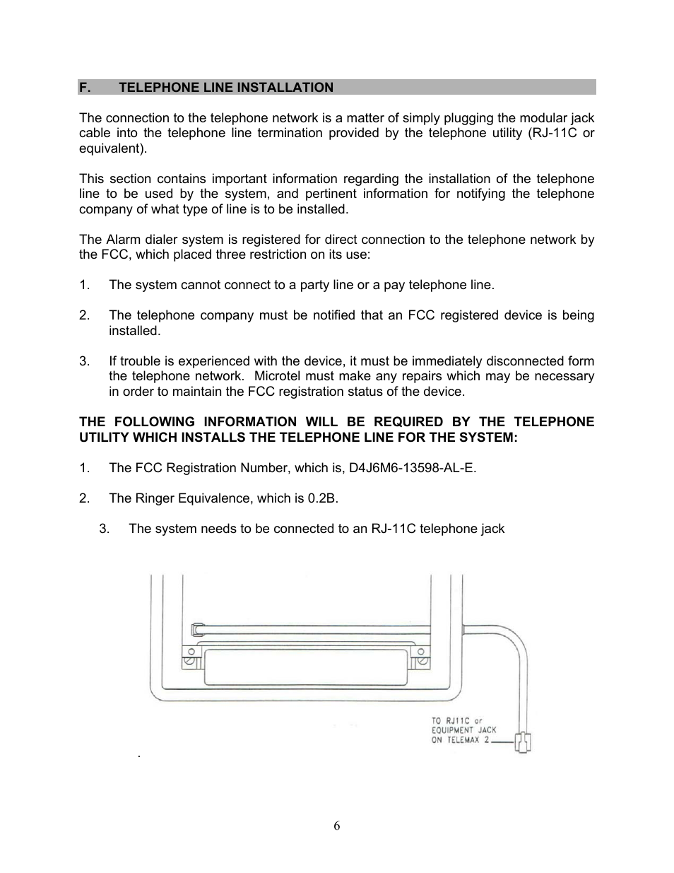 F.telephone line installation | Microtel Series 250 User Manual | Page 10 / 28