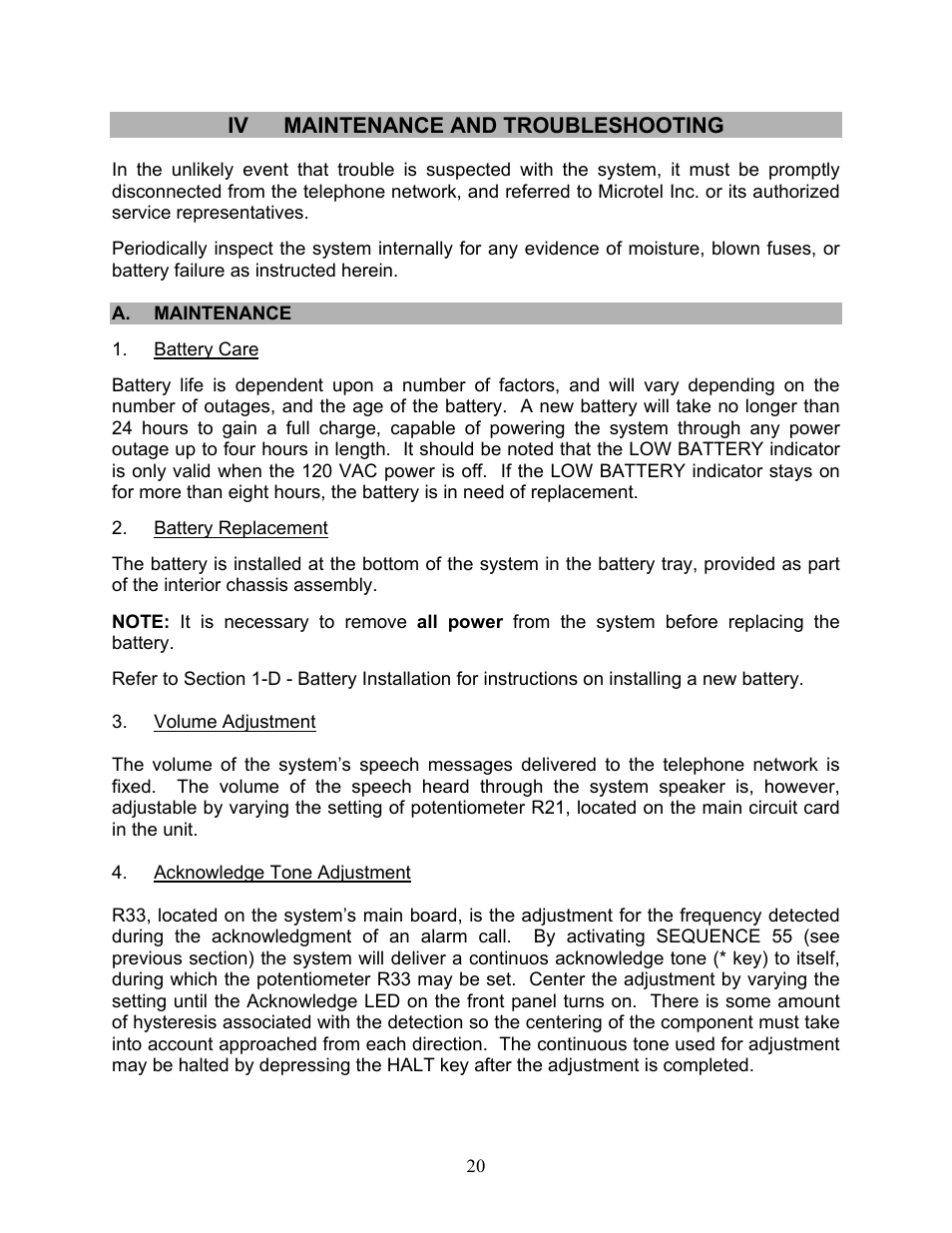 Iv maintenance and troubleshooting | Microtel Series 250 User Manual | Page 24 / 28