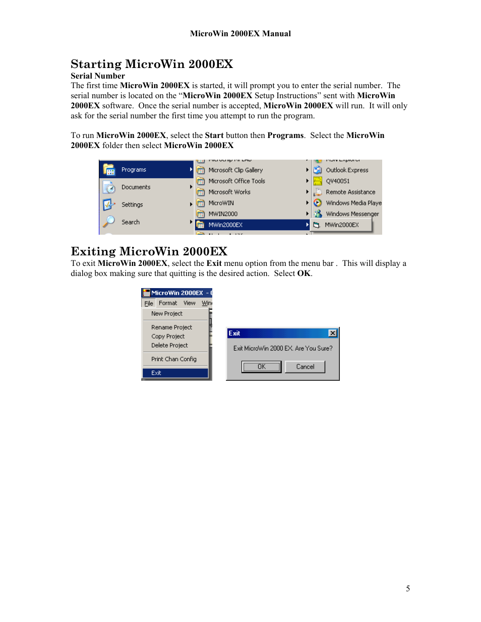 Starting microwin 2000ex, Exiting microwin 2000ex | Microtel MicroWin 2000EX User Manual | Page 11 / 63