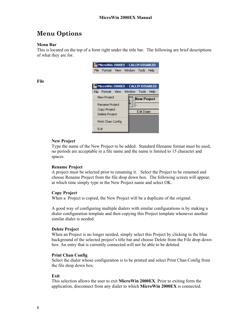 Menu options | Microtel MicroWin 2000EX User Manual | Page 12 / 63
