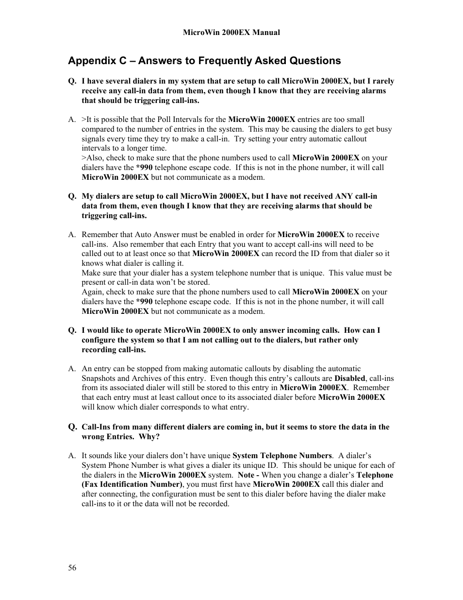 Appendix c – answers to frequently asked questions | Microtel MicroWin 2000EX User Manual | Page 62 / 63