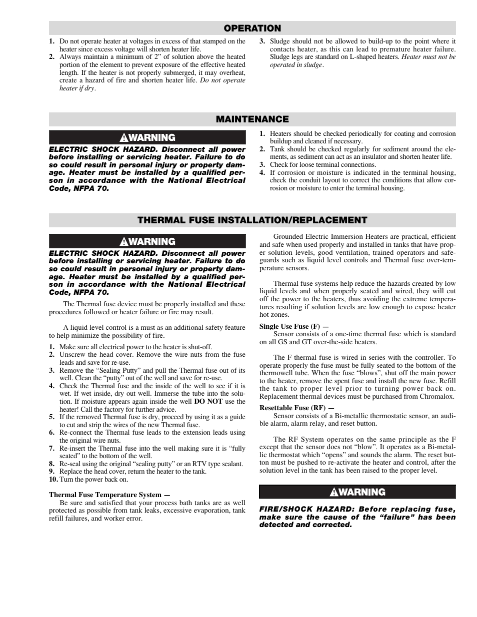 Thermal fuse installation/replacement, Maintenance, Operation | Chromalox GSL3 User Manual | Page 3 / 4