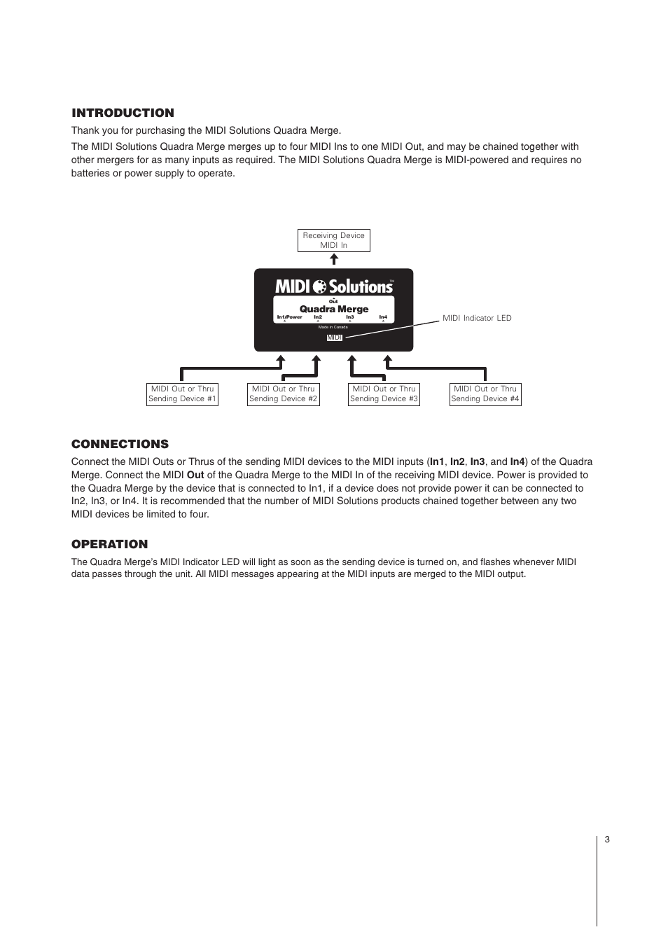 Midi solutions, Introduction, Connections operation | MIDI Solutions Quadra Merge User Manual | Page 3 / 4