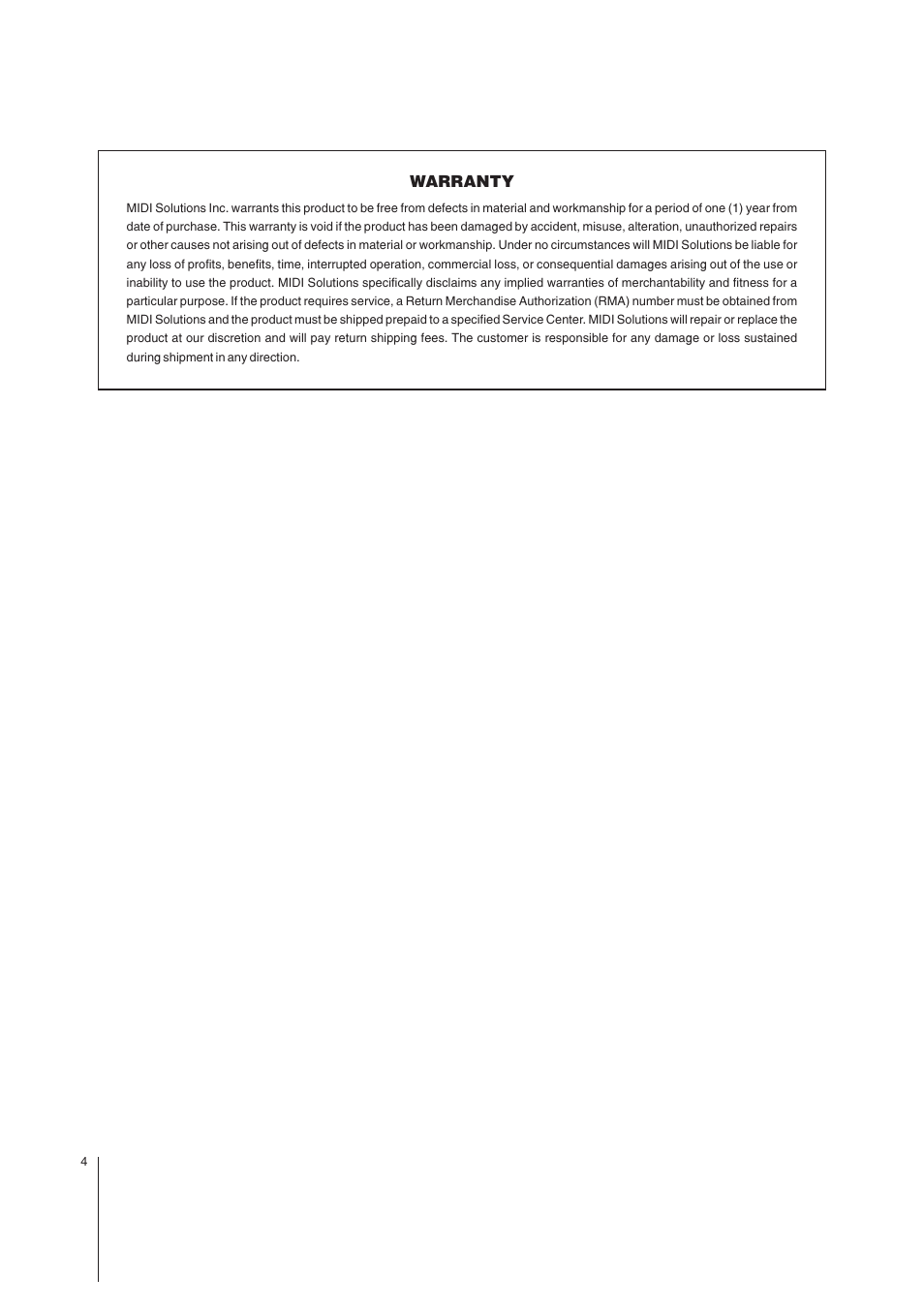 Warranty | MIDI Solutions Quadra Merge User Manual | Page 4 / 4
