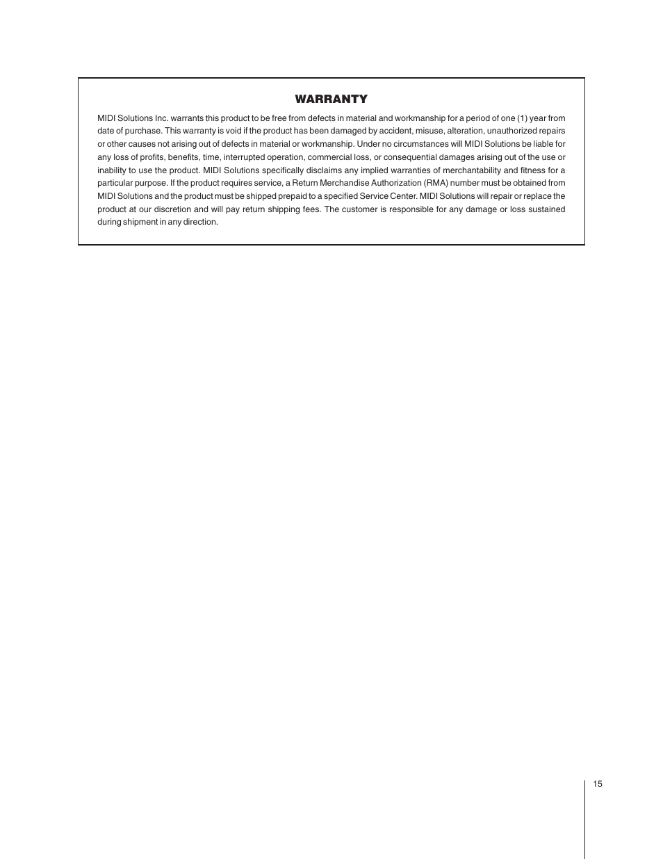 Warranty | MIDI Solutions Dual Footswitch Controller User Manual | Page 15 / 15