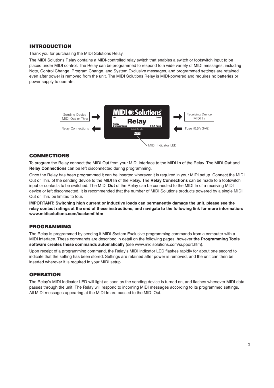 Midi solutions, Relay | MIDI Solutions Relay User Manual | Page 3 / 10