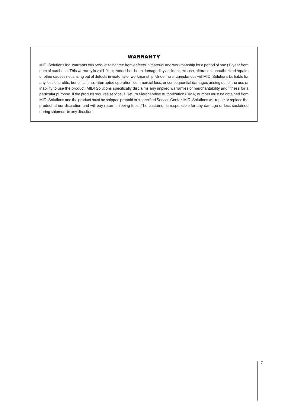 Warranty | MIDI Solutions Router User Manual | Page 7 / 7
