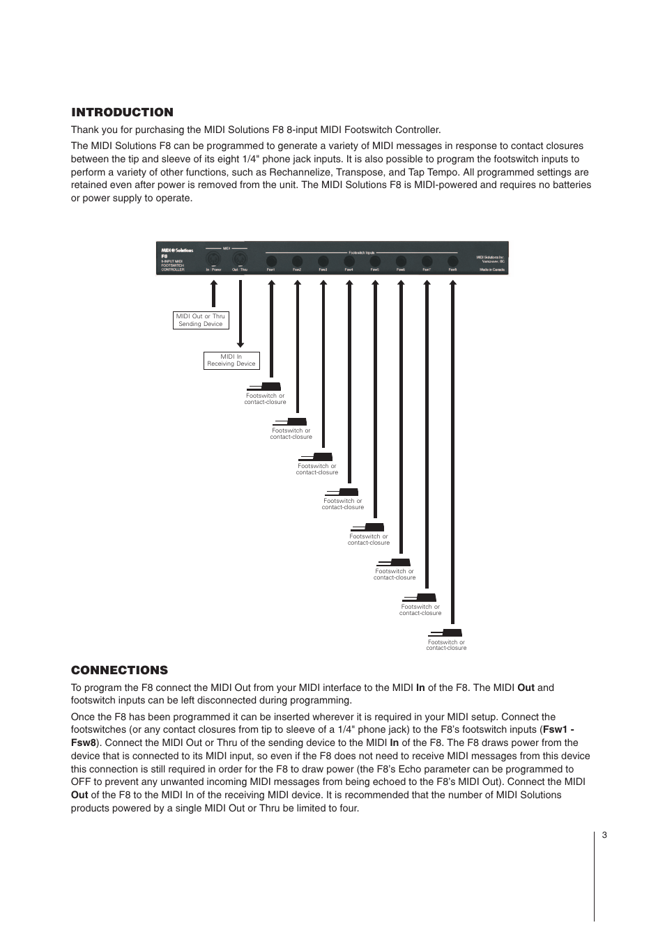 Introduction, Connections | MIDI Solutions F8 8-input MIDI Footswitch Controller User Manual | Page 3 / 15