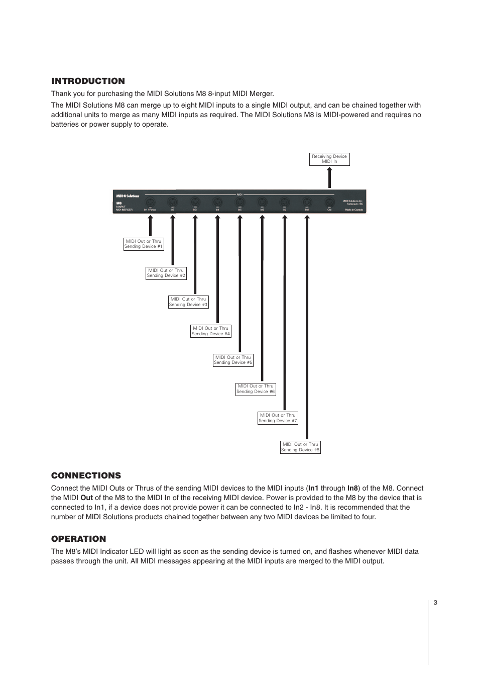 Introduction, Connections operation | MIDI Solutions M8 8-input MIDI Merger User Manual | Page 3 / 4