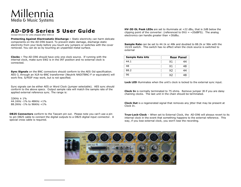 Millennia AD-D96 Series 5 User Manual | 2 pages