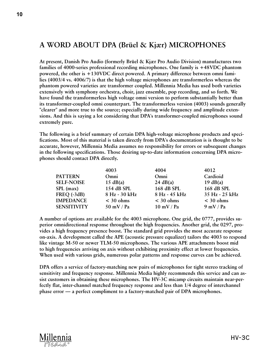 Hv-3c, A word about dpa (brüel & kjær) microphones | Millennia HV-3C Stereo Microphone Preamplifier User Manual | Page 10 / 12