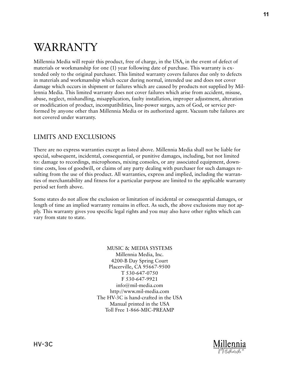 Warranty, Hv-3c | Millennia HV-3C Stereo Microphone Preamplifier User Manual | Page 11 / 12