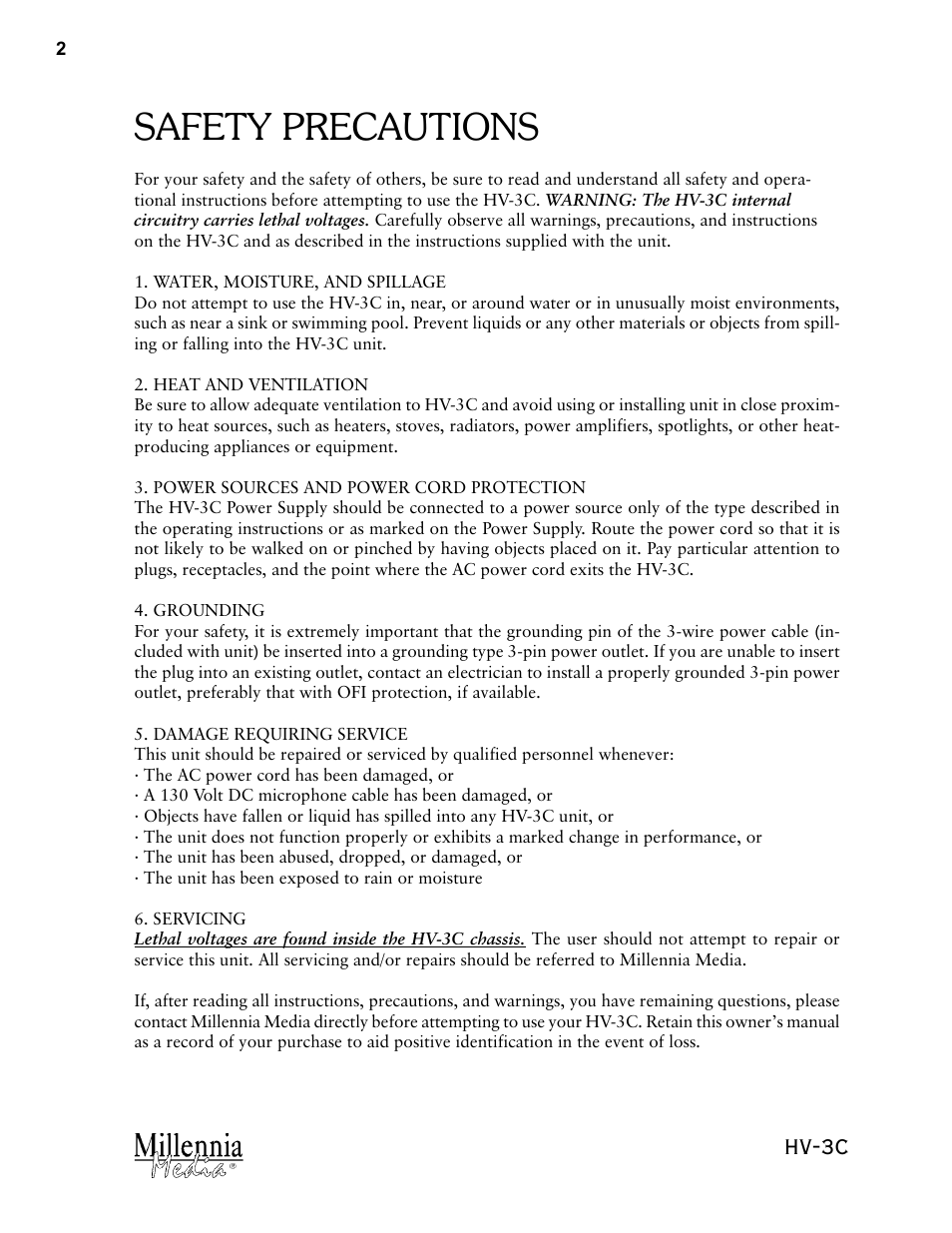 Safety precautions, Hv-3c | Millennia HV-3C Stereo Microphone Preamplifier User Manual | Page 2 / 12