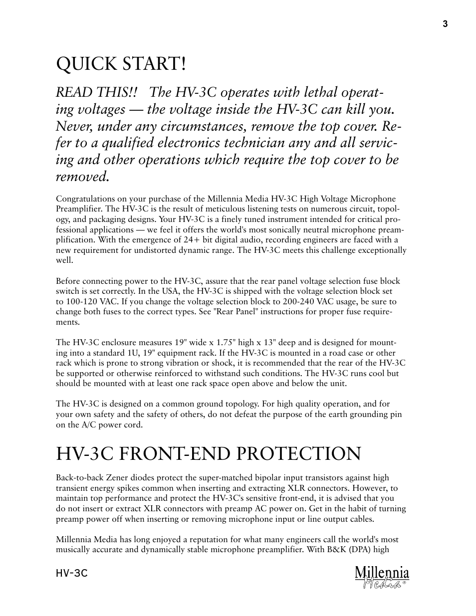 Quick start, Hv-3c front-end protection, Hv-3c | Millennia HV-3C Stereo Microphone Preamplifier User Manual | Page 3 / 12