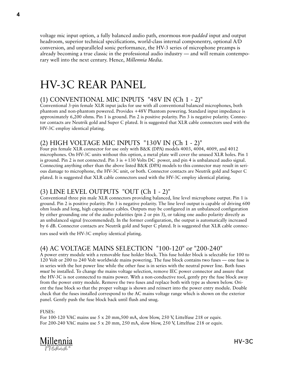 Hv-3c rear panel, Hv-3c | Millennia HV-3C Stereo Microphone Preamplifier User Manual | Page 4 / 12