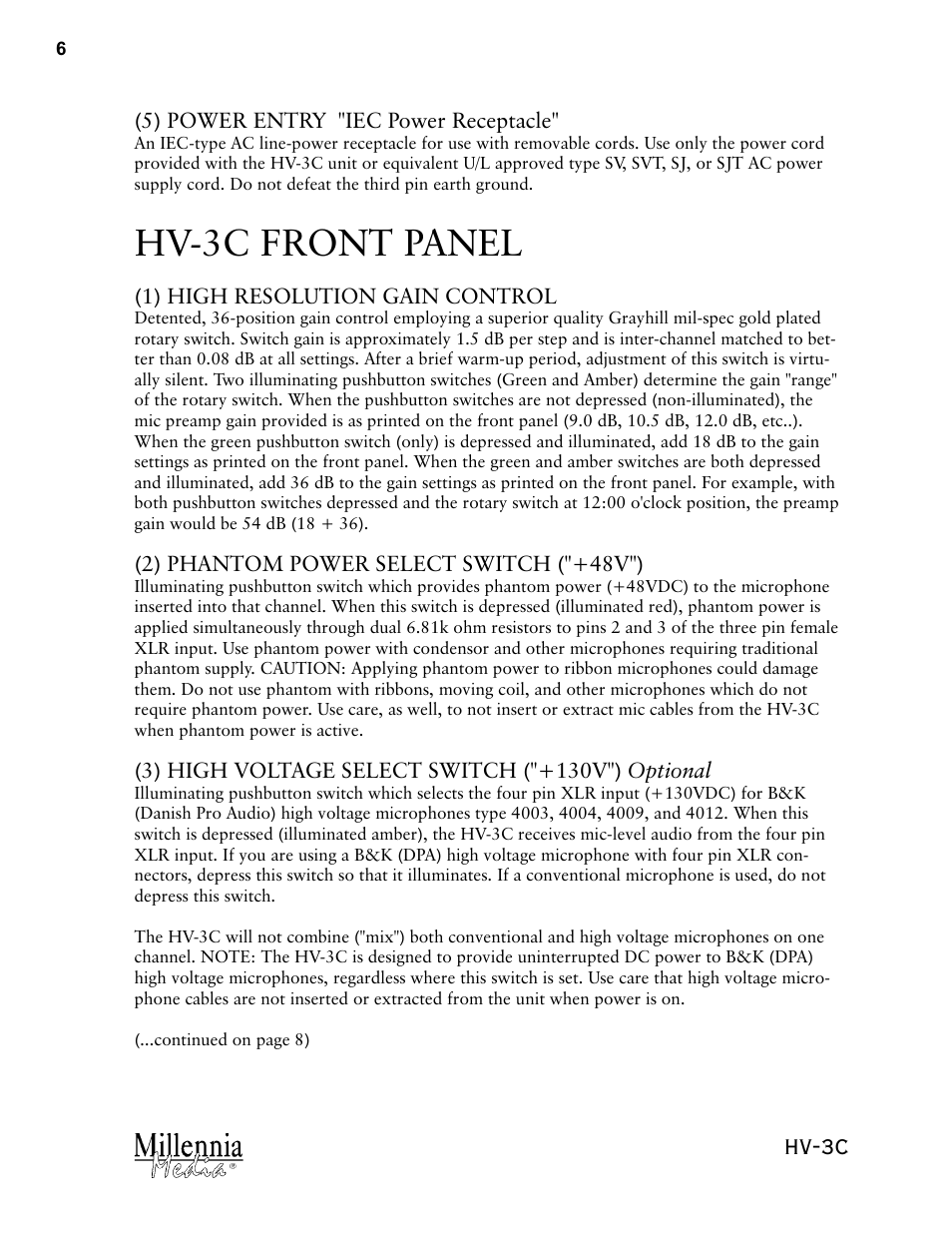 Hv-3c front panel, Hv-3c | Millennia HV-3C Stereo Microphone Preamplifier User Manual | Page 6 / 12