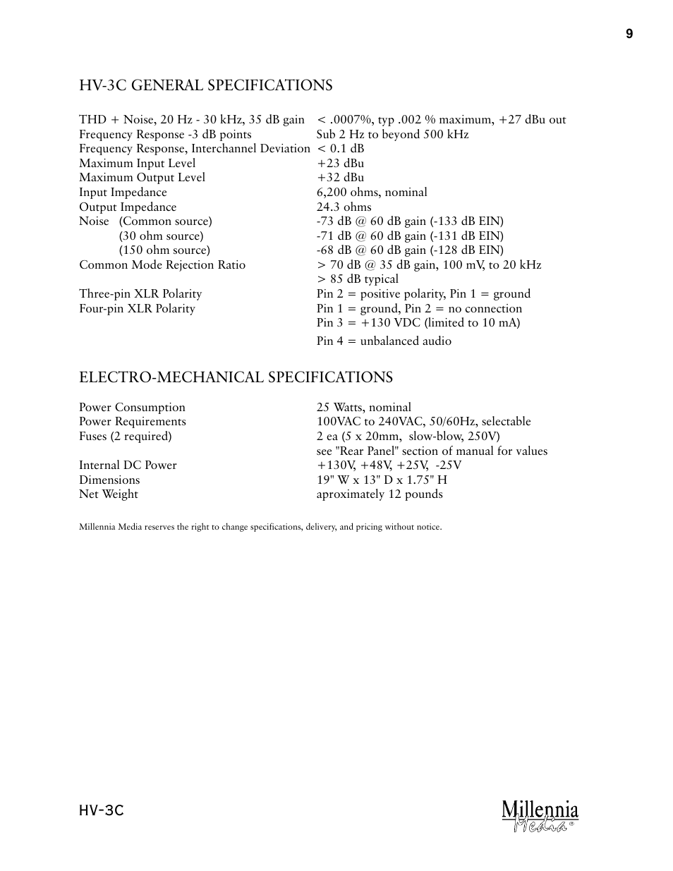 Hv-3c, Hv-3c general specifications, Electro-mechanical specifications | Millennia HV-3C Stereo Microphone Preamplifier User Manual | Page 9 / 12