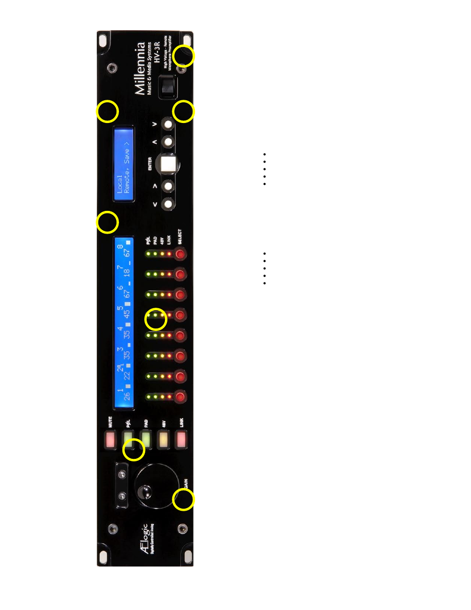 Front panel functions | Millennia HV-3R Eight Channel Remote-Control Microphone Preamp v 1.3.1 User Manual | Page 6 / 40