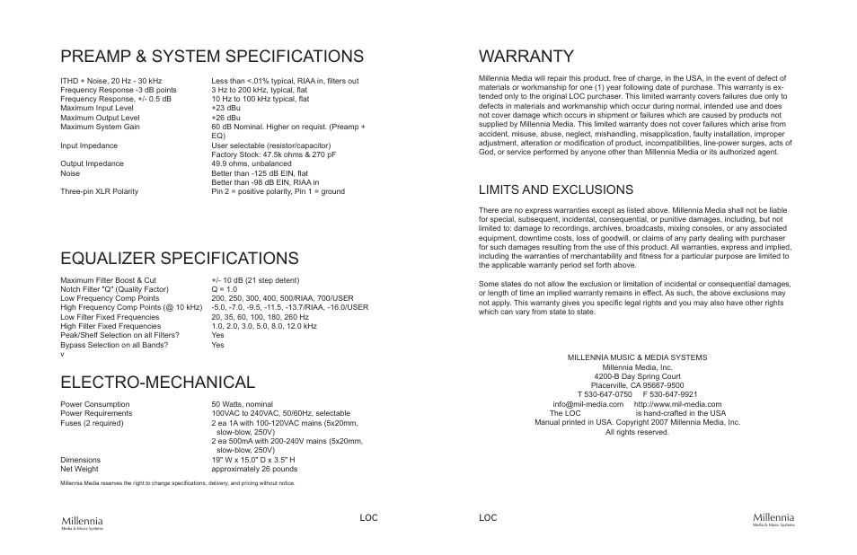Preamp & system specifications, Equalizer specifications, Electro-mechanical | Warranty, Limits and exclusions, Millennia | Millennia LOC Analog Legacy Phonographic / Archiving Preamplifier User Manual | Page 11 / 11