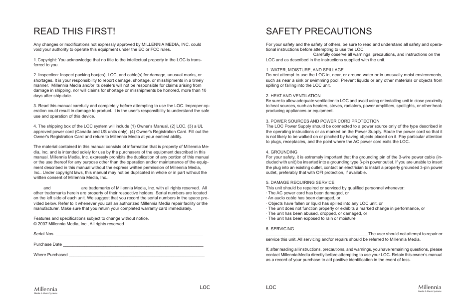 Read this first, Safety precautions, Millennia | Millennia LOC Analog Legacy Phonographic / Archiving Preamplifier User Manual | Page 2 / 11