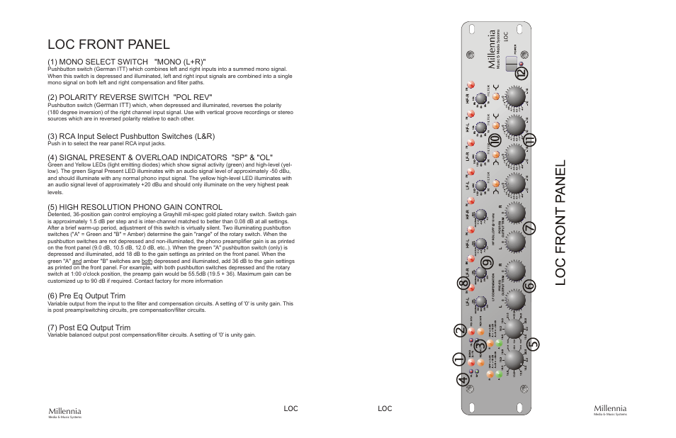 Loc front panel, Millennia, 1) mono select switch "mono (l+r) | 2) polarity reverse switch "pol rev, 3) rca input select pushbutton switches (l&r), 4) signal present & overload indicators "sp" & "ol, 5) high resolution phono gain control, 6) pre eq output trim, 7) post eq output trim | Millennia LOC Analog Legacy Phonographic / Archiving Preamplifier User Manual | Page 5 / 11